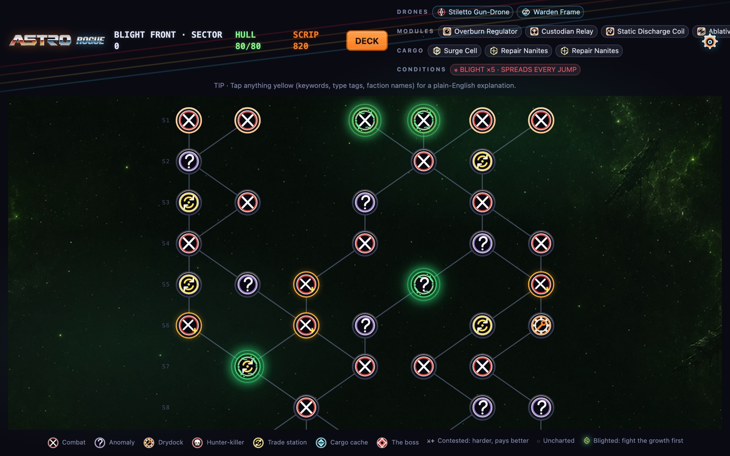 The Blight Front chart: infected nodes glow green — fight the growth first, or route around it