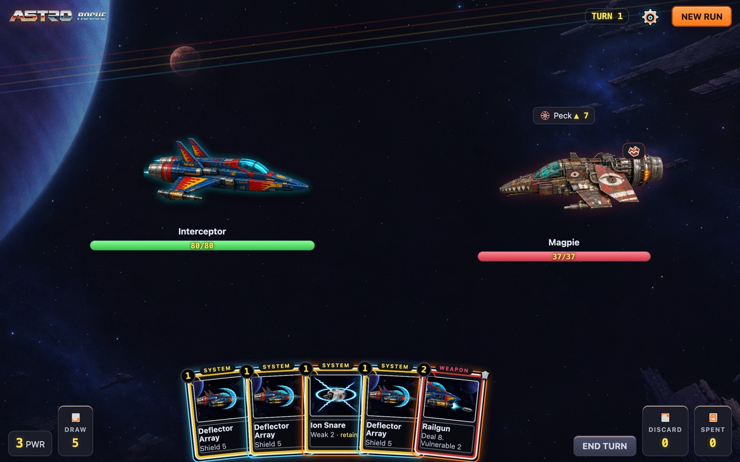Combat: the Interceptor faces a Magpie scav ship; its next move is announced above it, and a hand of cards waits below
