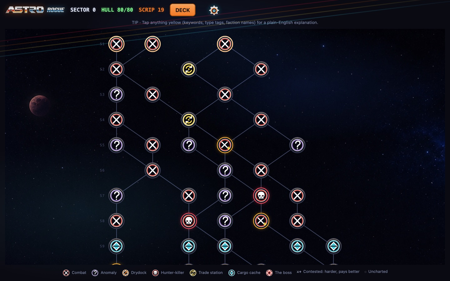 The starchart: a branching map of combat, anomaly, trade and drydock nodes down to the boss