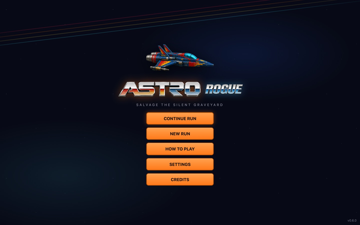 Title screen: the Interceptor over the ASTRO ROGUE wordmark — salvage the Silent Graveyard